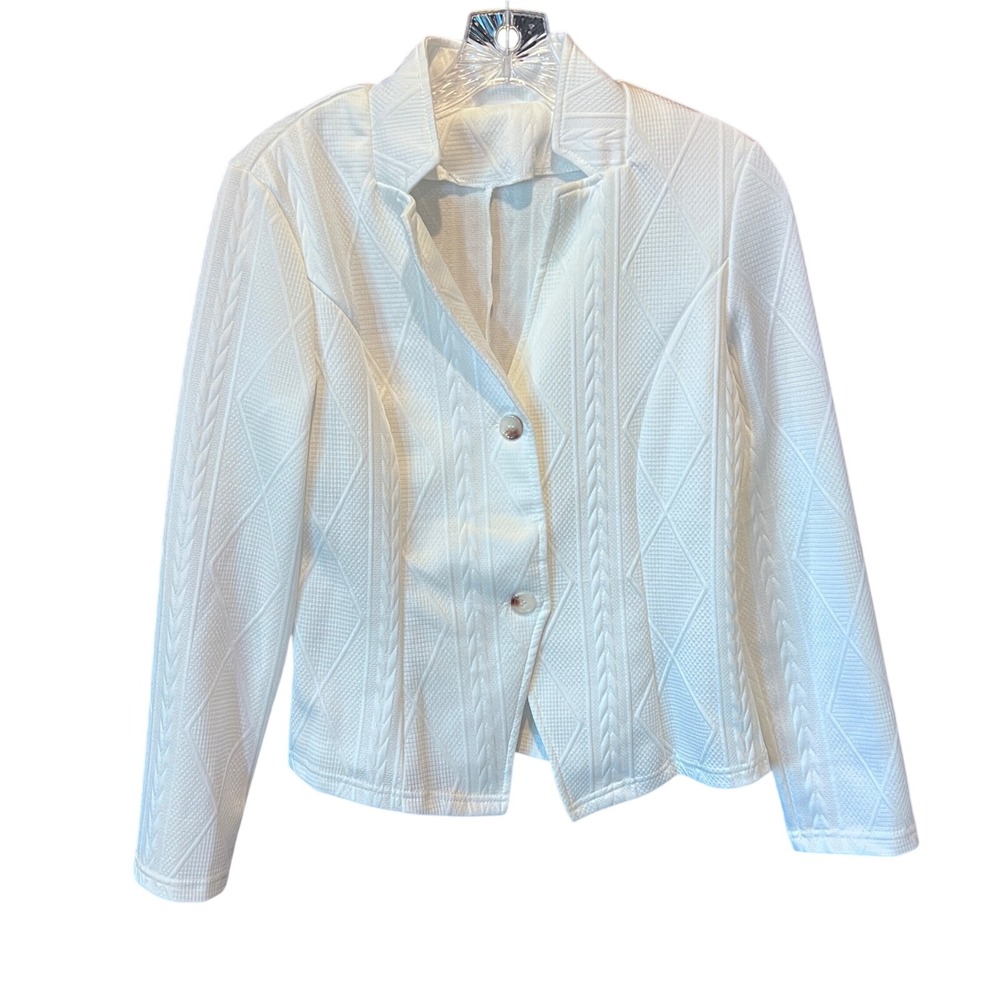 White Textured Geometric‎ Cable Knit Two Button Blazer Jacket Womens Small